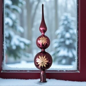Vintage Christmas Glass Tree Finial Topper 12" With Box Burgundy Tree Top